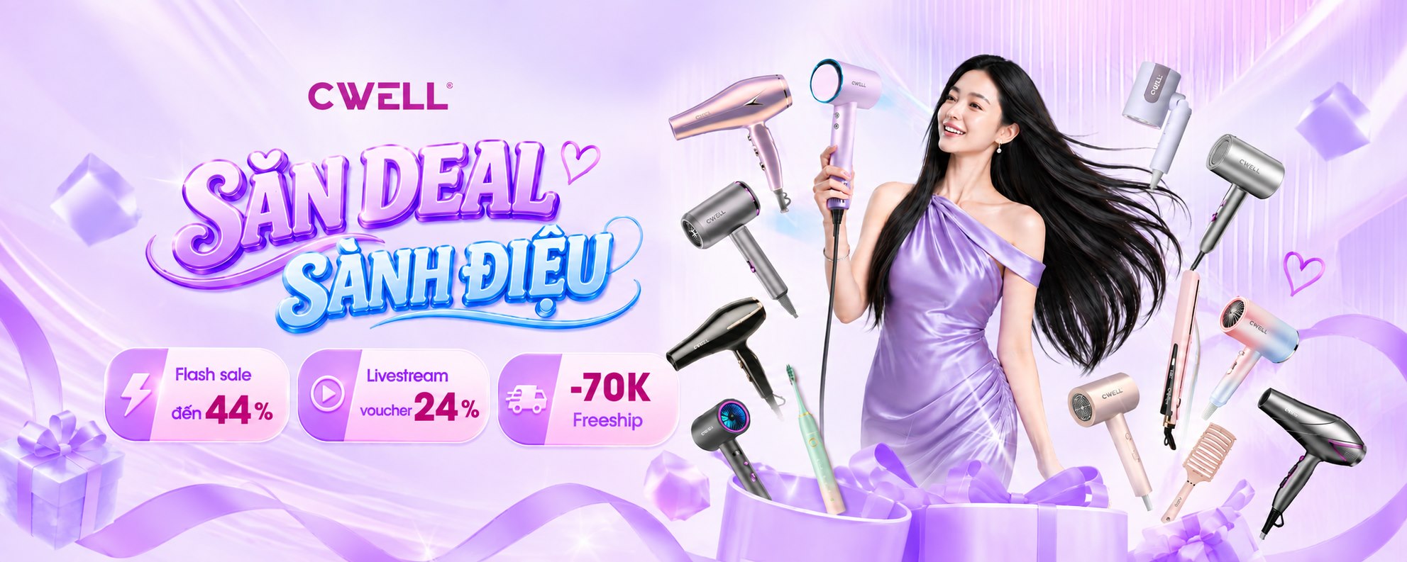 Săn Deal Sành Điệu CWELL — flash sale đến 44%, voucher livestream 24%, freeship 70K